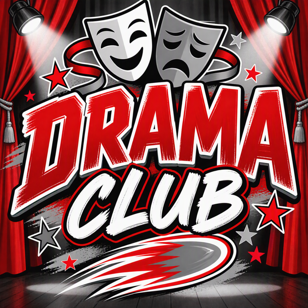 Drama Club graphic featuring large bold red and white lettering reading “DRAMA CLUB.” The design includes comedy and tragedy theater masks at the top, red stage curtains on both sides, bright spotlights shining onto a theater stage, and red, white, and gray stars scattered throughout. A red, gray, and white comet-style swoosh appears along the bottom, creating a school spirit and performing arts theme. The graphic uses a dramatic stage setting with strong red, black, white, and gray colors. 🎭✨🎬