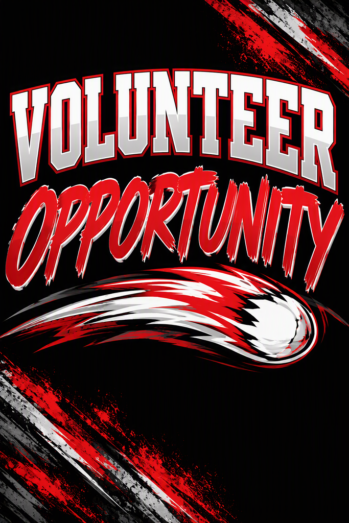 Graphic with a black background featuring bold red, white, and gray athletic-style lettering that reads "VOLUNTEER OPPORTUNITY." A red, white, and gray comet graphic appears in the center. Red and gray paint-stroke accents frame the design along the top-right and bottom-left corners, creating a dynamic school spirit look inspired by Alexander Public School branding.