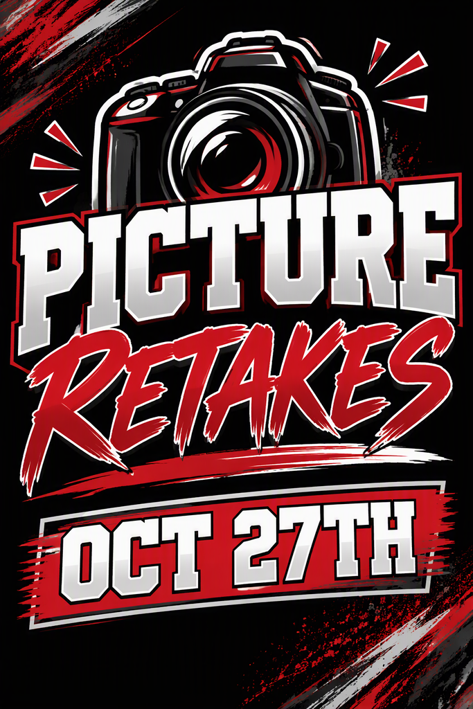 Graphic announcing Picture Retakes on October 27th. The design features a large camera illustration centered at the top with bold white and red text reading “Picture Retakes.” A red banner near the bottom displays “Oct 27th” in large white lettering. The background is black with red, gray, and white paint-stroke accents and splatter effects, creating a bold athletic-style design consistent with Alexander Public School branding.