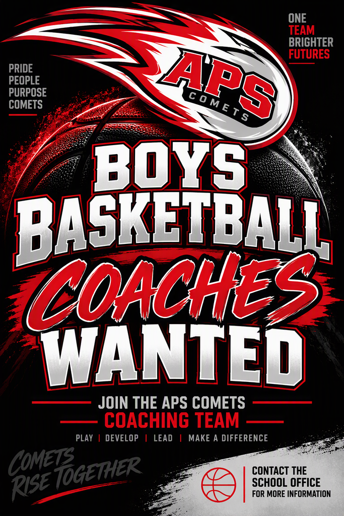 Graphic on a black background featuring a large red, white, and gray APS Comets-themed comet above a basketball. Bold athletic text reads "BOYS BASKETBALL COACHES WANTED" in white and bright red lettering. Additional text says "Join the APS Comets Coaching Team" and "Contact the School Office for More Information." Red and gray accents, basketball graphics, and school spirit elements create a high-energy sports recruitment design.