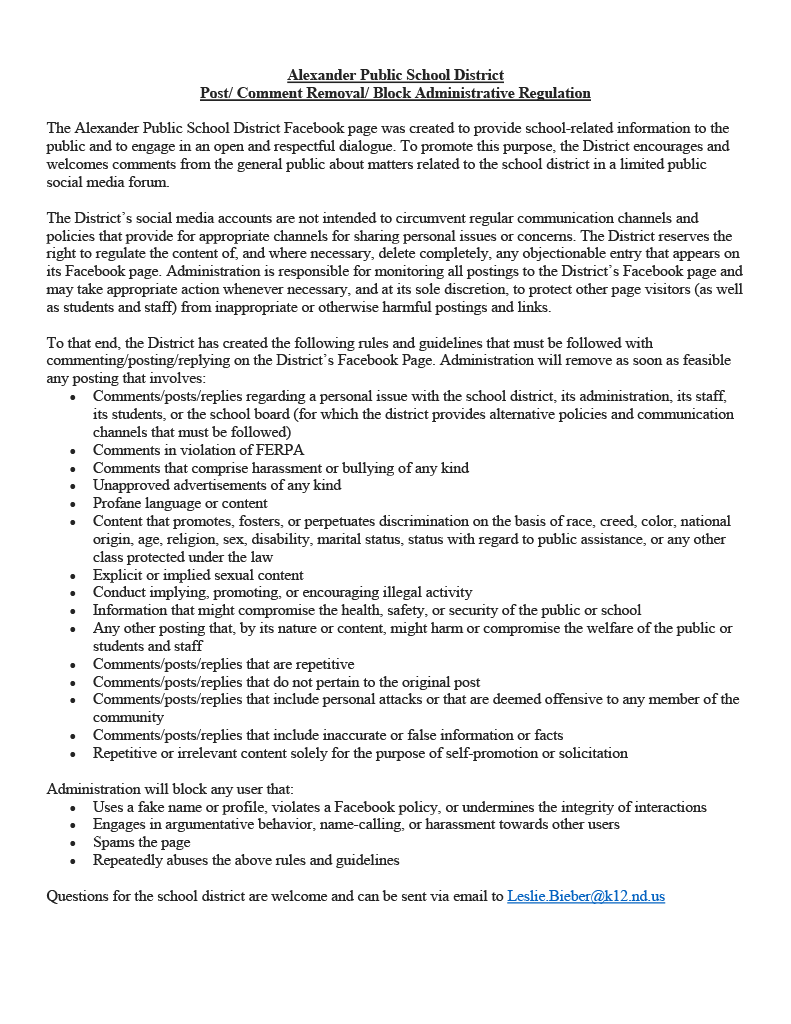 Screenshot or document page titled APS Social Media AR, outlining the Alexander Public School District's Facebook page comment, post removal, and user blocking guidelines. The document explains that the district's social media pages are intended for school-related information and respectful public discussion. It includes a list of content that may be removed, such as FERPA violations, harassment, bullying, discriminatory remarks, profanity, false information, off-topic comments, personal attacks, spam, advertisements, and content that could impact safety or security. The document also lists reasons a user may be blocked, including the use of fake profiles, harassment, argumentative behavior, spamming, and repeated violations of the stated guidelines. Contact information is provided for submitting questions to the school district.