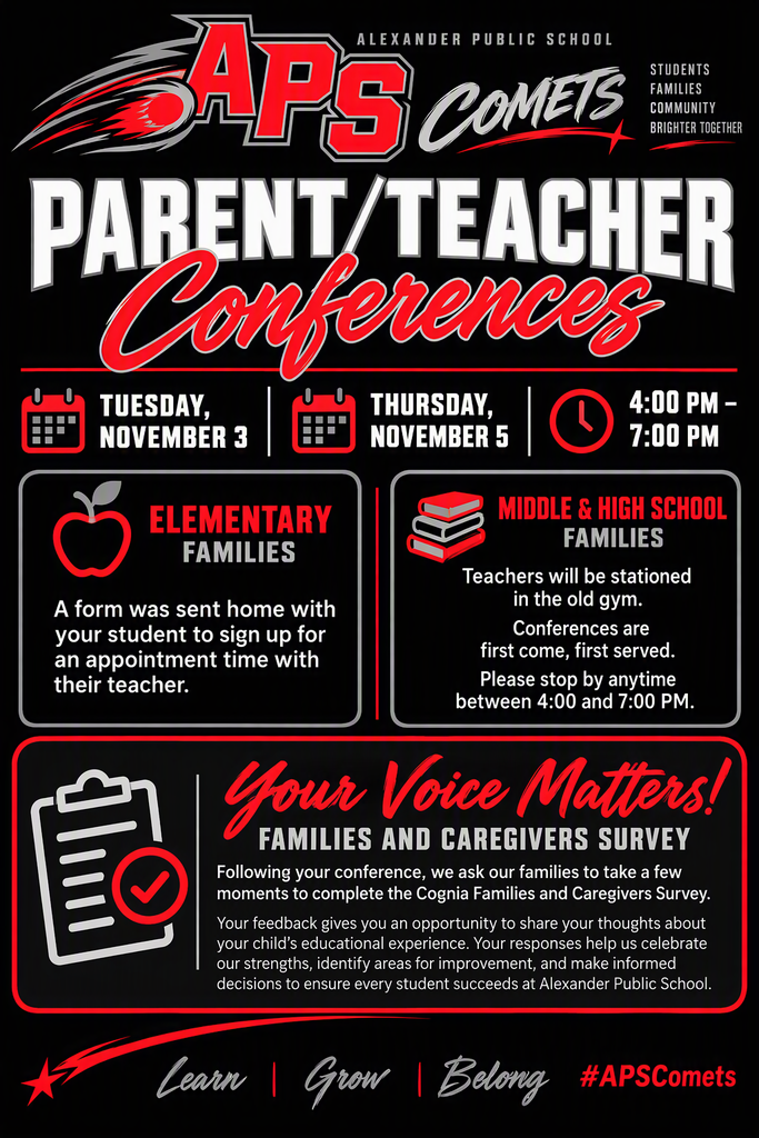 APS Comets Parent/Teacher Conferences graphic in bright red, gray, and white on a black background. Conferences are Tuesday, November 3, and Thursday, November 5, from 4:00–7:00 PM. Elementary families should use the form sent home with their student to sign up for an appointment time. Middle and high school teachers will be stationed in the old gym, with conferences available first come, first served. Families are also encouraged to complete the Cognia Families and Caregivers Survey after their conference. The survey provides families an opportunity to share feedback about their child’s educational experience and helps Alexander Public School celebrate strengths and identify areas for improvement. The graphic includes APS Comets branding, a comet design, calendar and school icons, and the message “Your Voice Matters!”