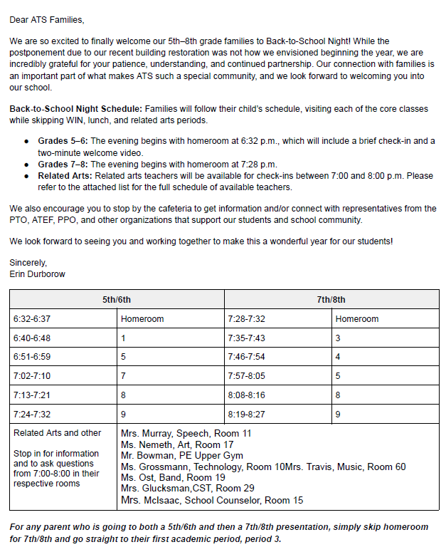 Schedule for BTSN, grades 5-8