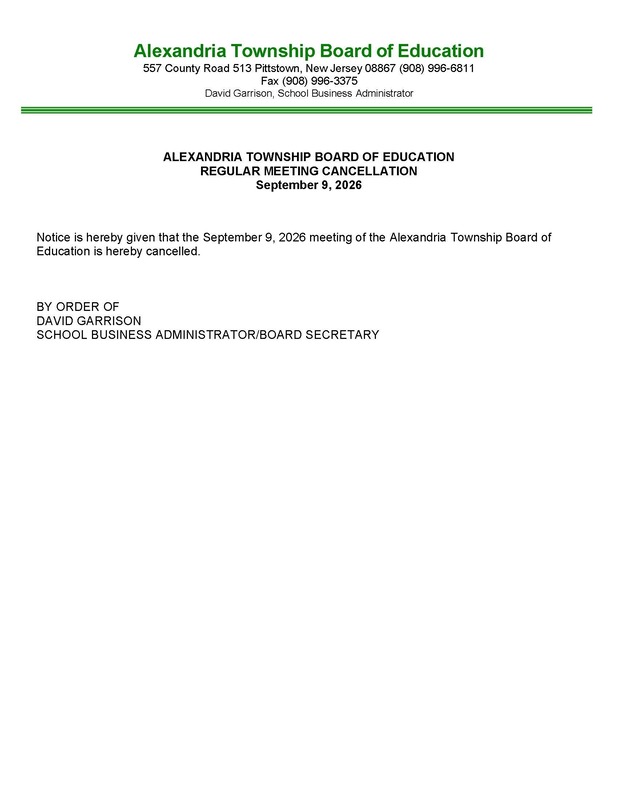 September 9 BOE Meeting Cancelled