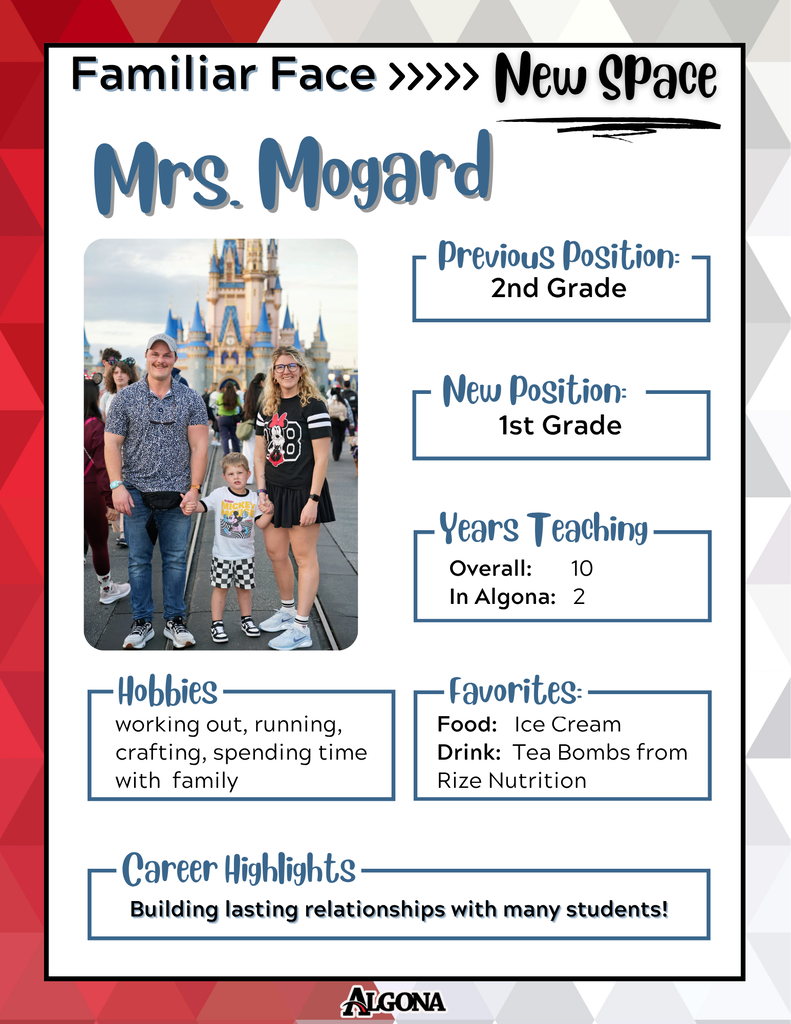 A white page with red and white triangles shows a photo of three people. Text reads: "Mrs. Mogard, Previous Position: 2nd Grade, New Position: 1st Grade, Years Teaching: Overall: 10, In Algona: 2."