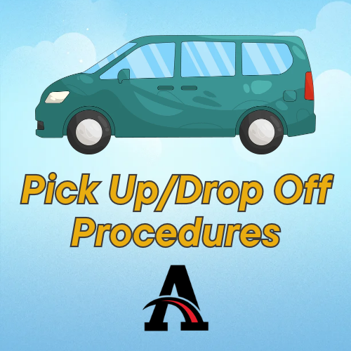 A green van is displayed on a blue sky background with clouds. Below the van, the words "Pick Up/Drop Off Procedures" are shown.