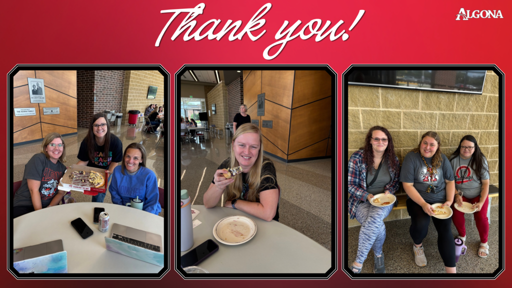 Three photos of people seated at tables eating, with a red background and the words "Thank you!" above.