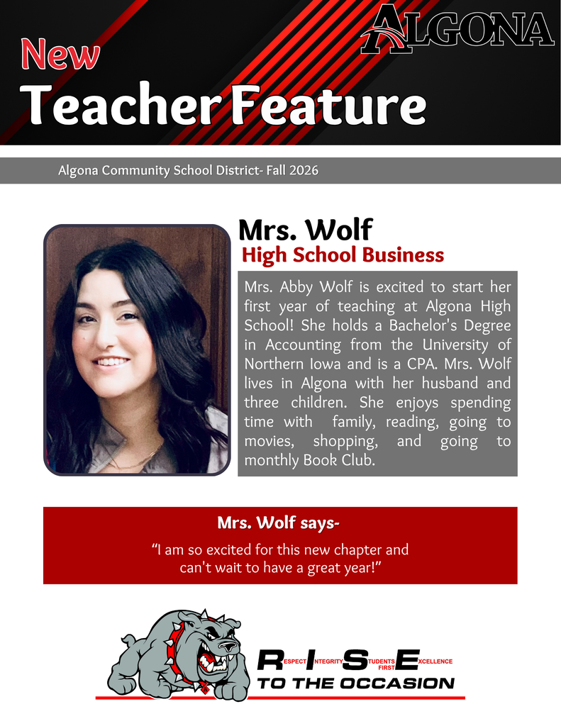 Article about new teacher, Mrs. Abby Wolf, includes her photo and a quote. She has a Bachelor's Degree in Accounting and enjoys movies, reading, and shopping.