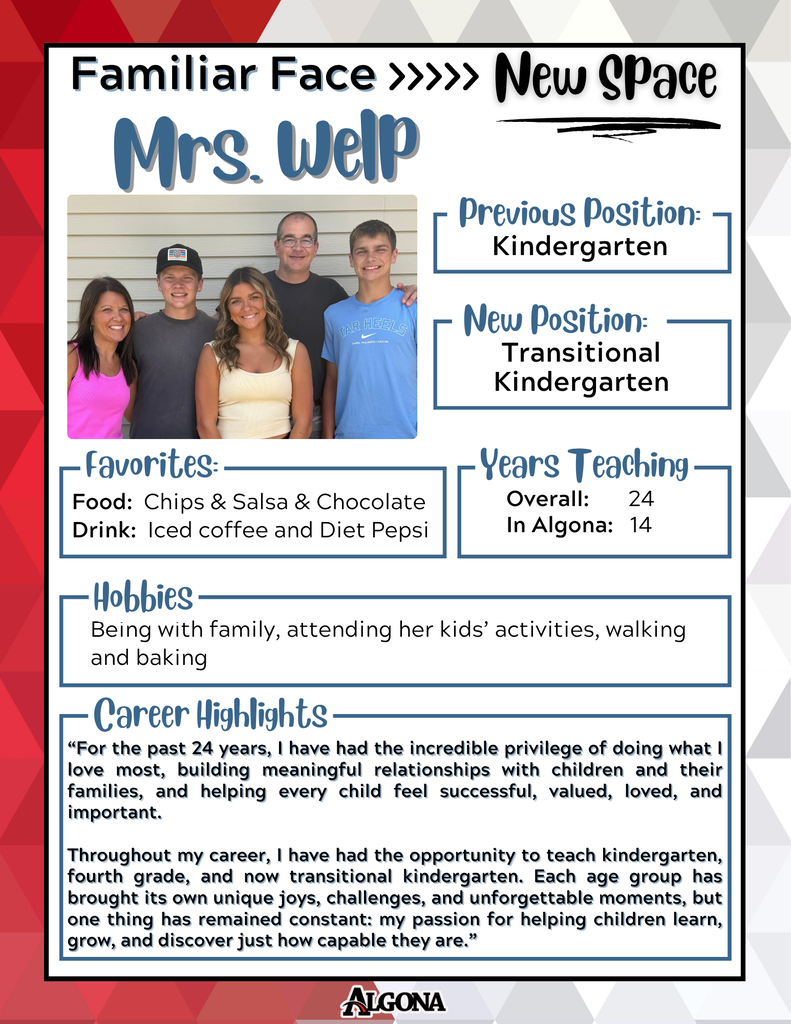 Text reads "Familiar Face >>>>> New Space Mrs. Welp" with a picture of four people. A description of Mrs. Welp's previous and new positions, food and drink preferences, hobbies, and career highlights.