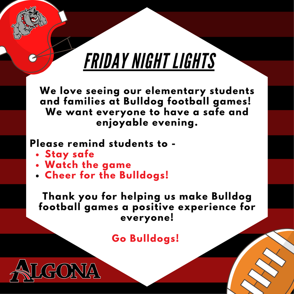 A flyer with a red and black striped background features a football helmet and football with text about Bulldog football games.