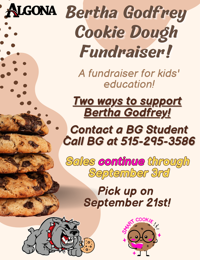 A poster for Bertha Godfrey Cookie Dough Fundraiser. Cookies stack on the left. A bulldog and cookie icon below.