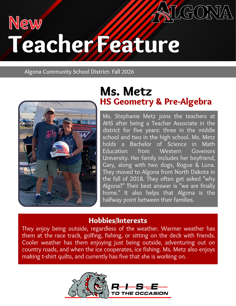 Display of two individuals. A man holds a helmet while standing next to a woman. Text reads: "New Teacher Feature."