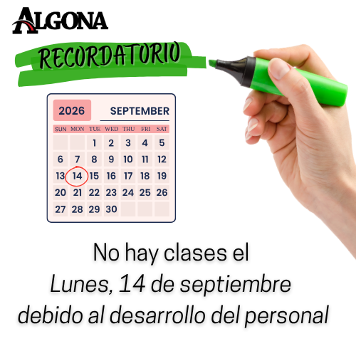 Hand holding a green marker circling "14" on a calendar. Text reads "No hay clases el Lunes, 14 de septiembre debido al desarrollo del personal."