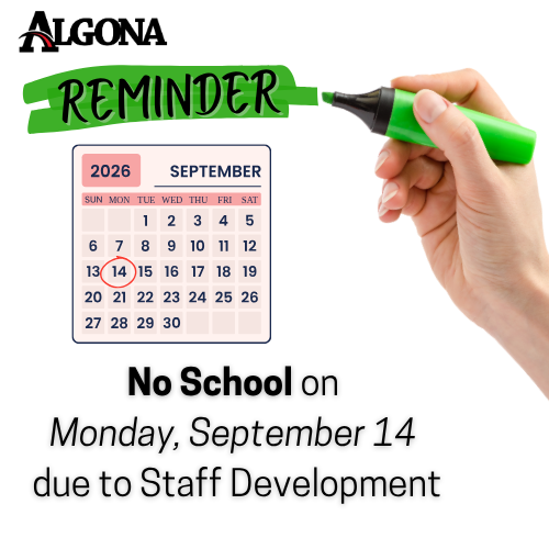 Calendar shows September 2026 with a red circle on the 14th. A hand holds a marker, writing "REMINDER." Text reads "No School on Monday, September 14 due to Staff Development."