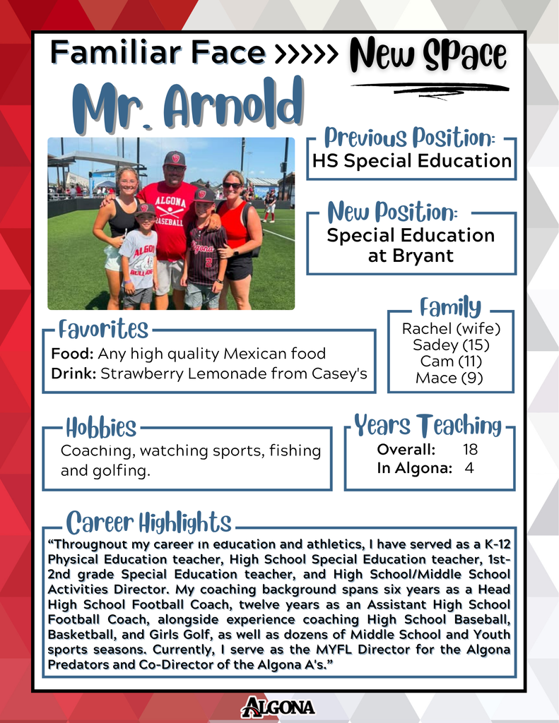 An infographic displays details about Mr. Arnold. It features a photo of him with family and states his new position.