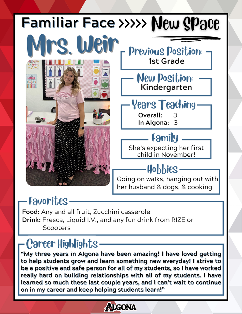 A poster with a photo of a woman in a pink top and skirt. Text highlights her position change to Kindergarten.