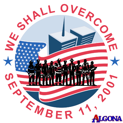 Logo featuring a group of people in uniforms standing in front of an American flag. The group stands in front of twin towers.