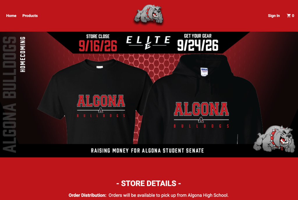 Two black tops with "ALGONA" and "BULLDOGS" text displayed. "Elite" is printed on the top of the hoodie.