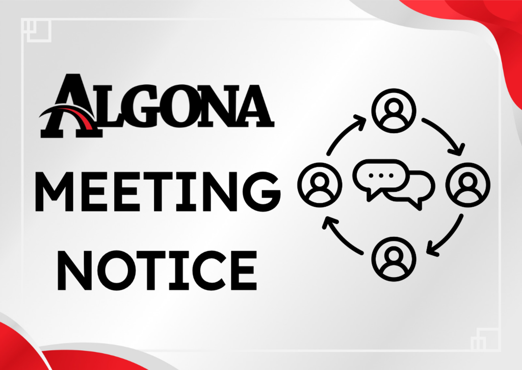 White background with red and white borders. "ALGONA MEETING NOTICE" in bold black text. Icons of people in a circle with speech bubbles.