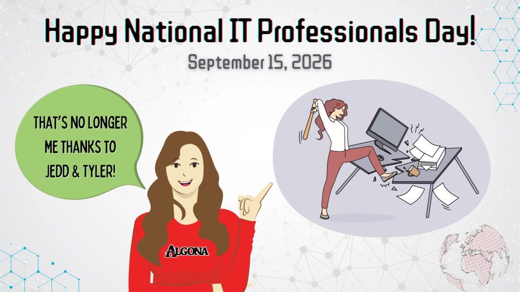 A cartoon image shows a woman with long hair pointing. She wears a red shirt. In the background, a woman struggles with a computer.
