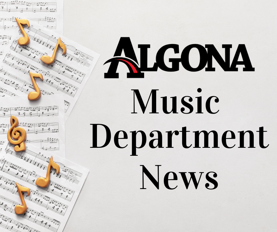 Text reads "ALGONA Music Department News" above musical notes. Background features musical notes on sheet music.