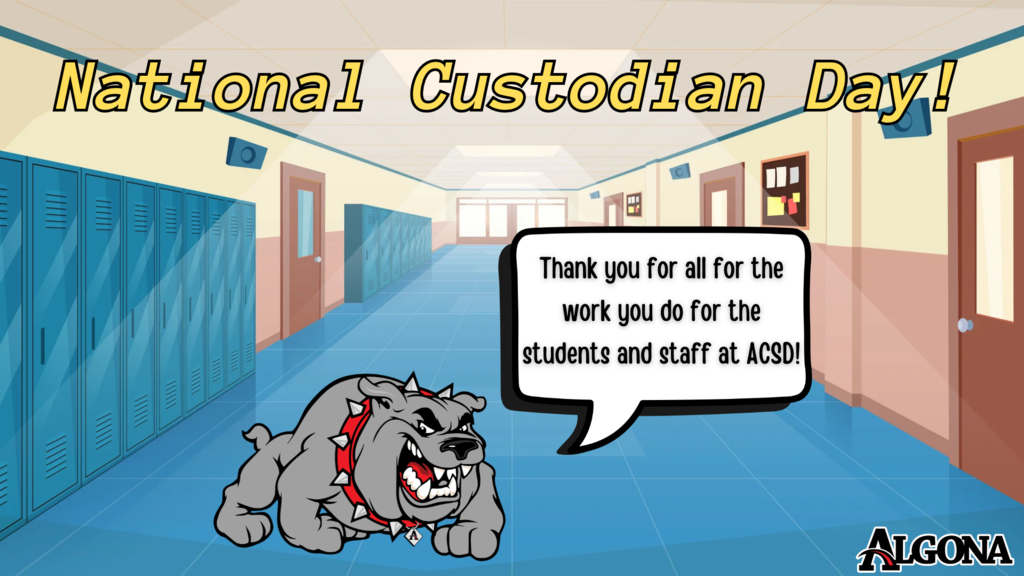 A cartoon hallway with blue flooring and lockers. A bulldog character is visible, and a speech bubble reads, "Thank you for all the work you do for the students and staff at ACSB."
