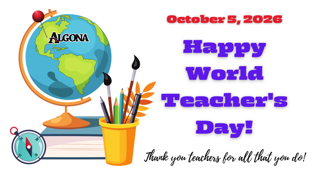 A globe, paintbrushes, a compass, and books are arranged with the date and message "Happy World Teacher's Day!".
