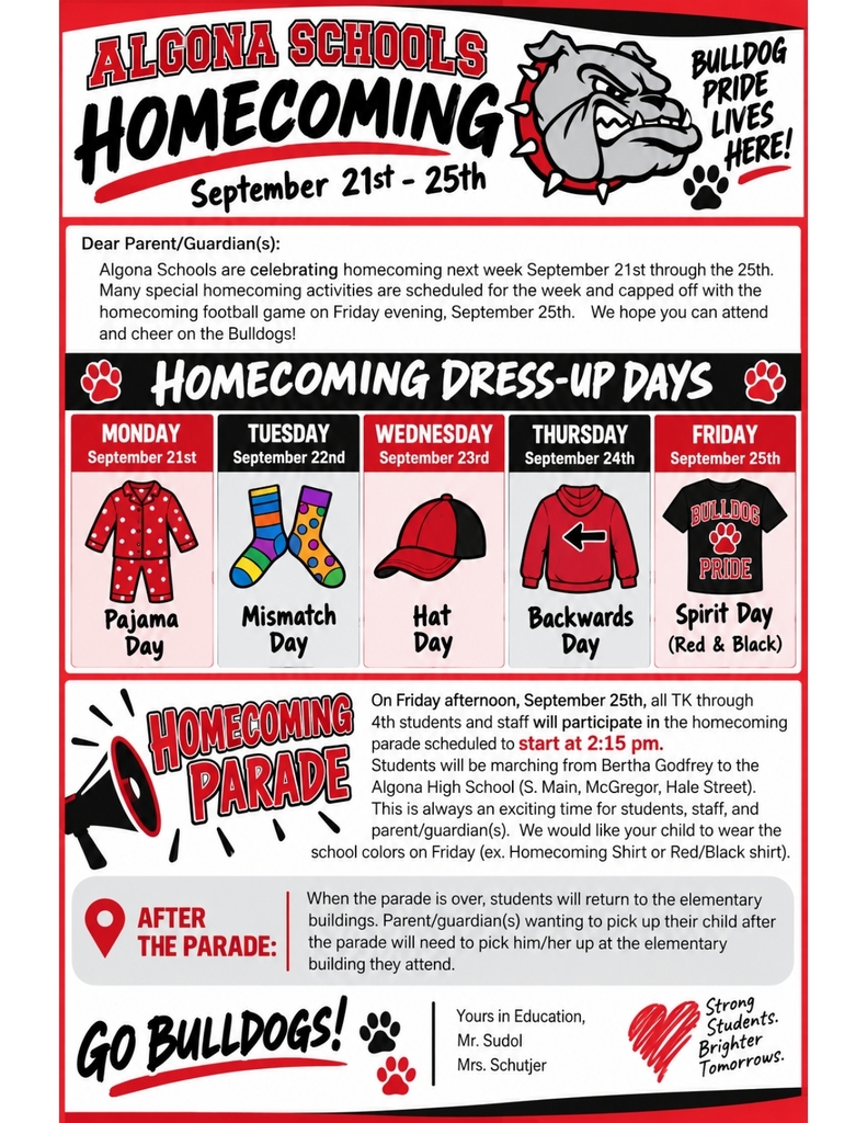 An event poster for Algona Schools Homecoming from September 21 to 25. The poster includes a list of dress-up days and details about the parade.