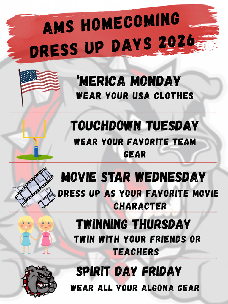 A poster outlines the AMS Homecoming Dress Up Days for 2026, featuring various themed days with icons.