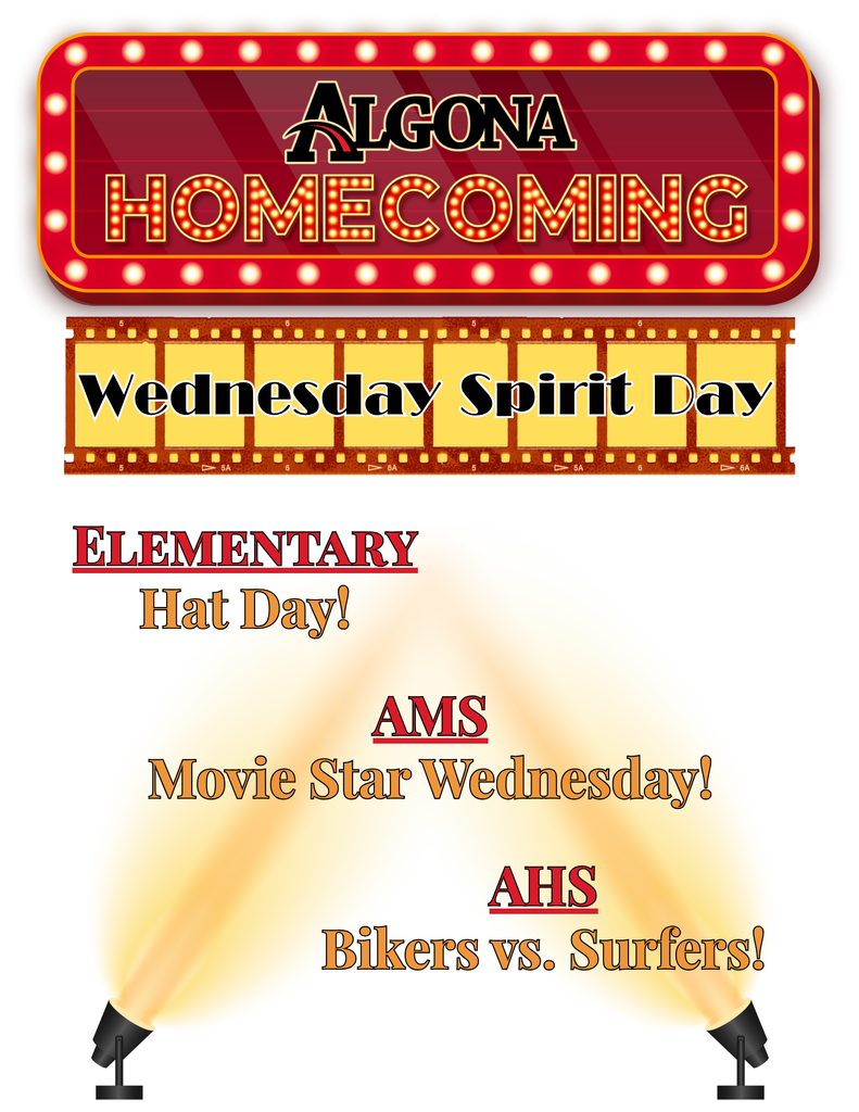 A banner for Algona homecoming with red lights. Sections include elementary hat day, AMS movie star day, and AHS bikers vs. surfers.