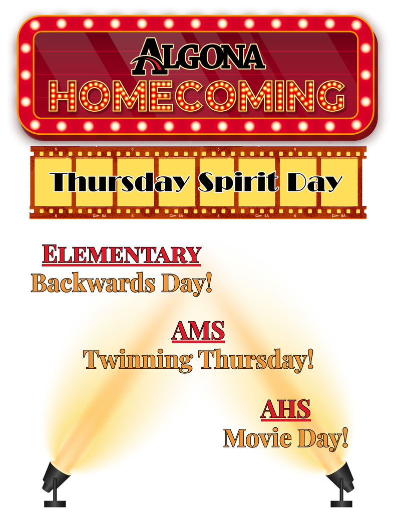 Event details for Algona Homecoming are displayed with a film strip banner. Text reads Thursday Spirit Day, Backwards Day, Twinning Thursday, and Movie Day.