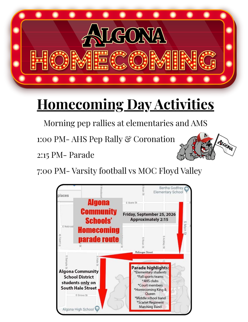 An event poster for "Algona Homecoming" includes text for rally times, a map, and a parade route.