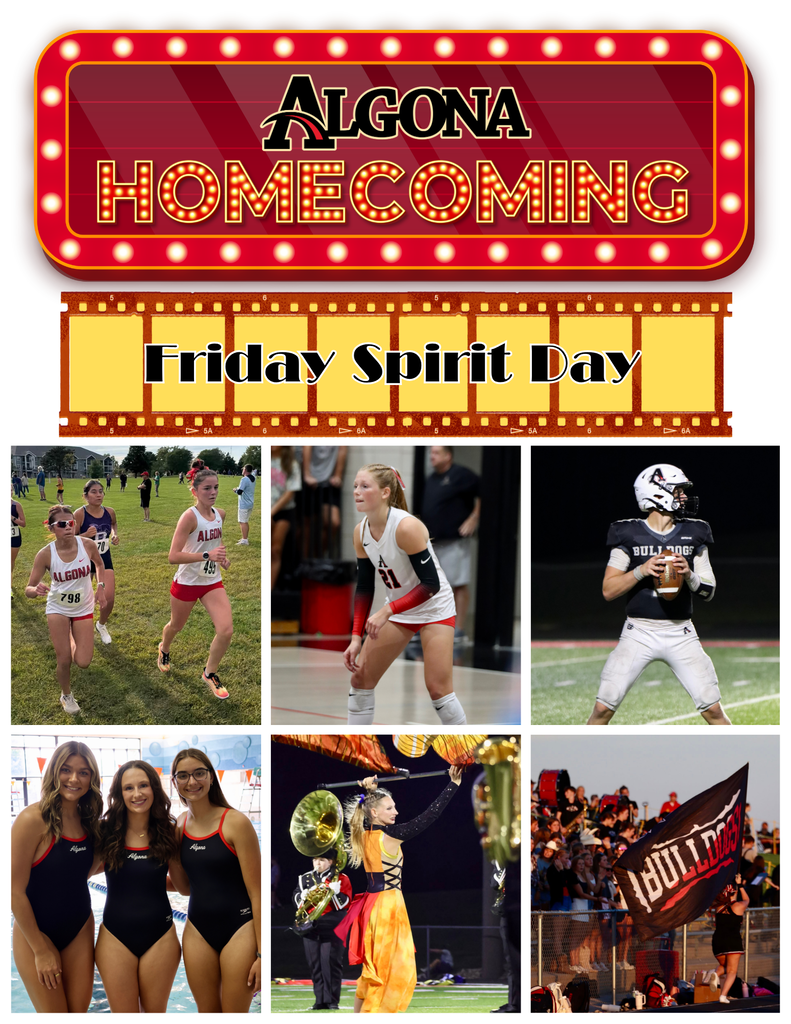 Collage of photos with a title "Algona Homecoming" at the top. A runner, volleyball player, football player, cheerleaders, and crowd.