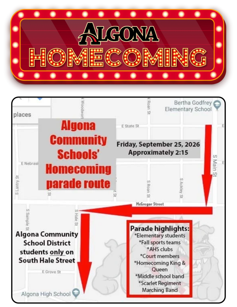 A map showing the route for the Algona Community Schools Homecoming parade. Text reads "Friday, September 25, 2026, Approximately 2:15".