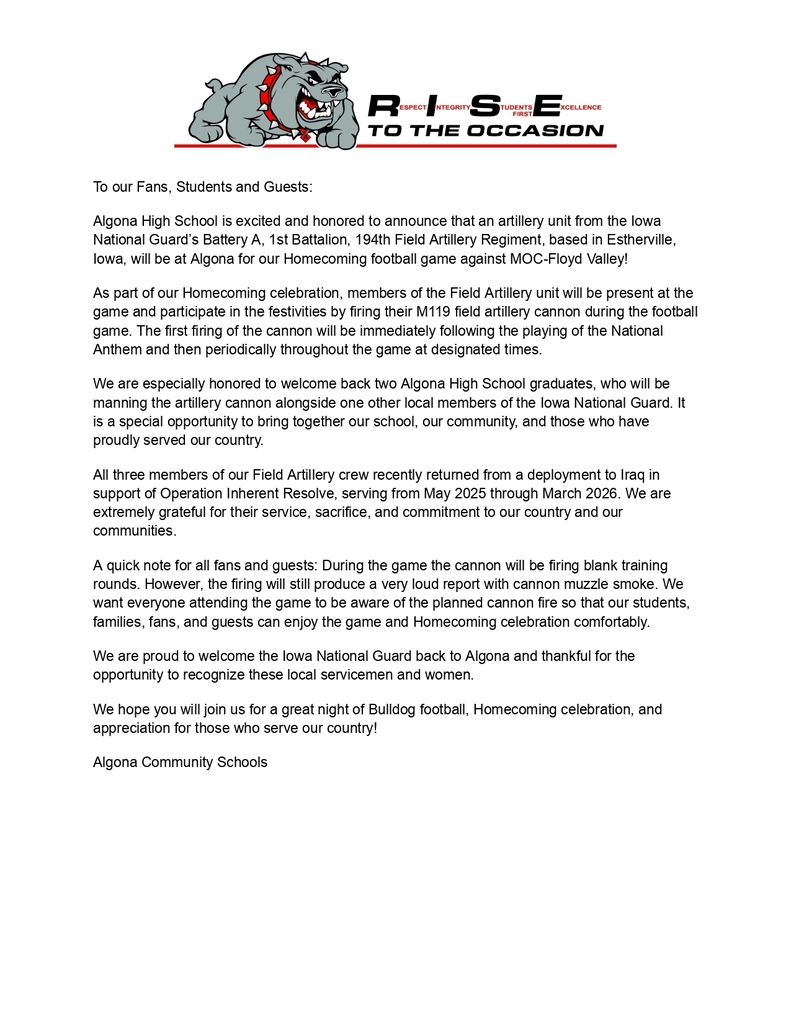 A white page displays a logo and text. The logo includes a mascot and text reading "RISE TO THE OCCASION." Below, it reads "To our Fans, Students, and Guests" followed by an announcement.