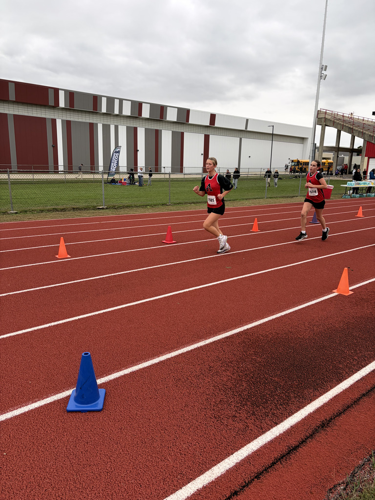 Two runners compete on a track, wearing red shirts and sneakers. The track has red lanes and orange cones.
