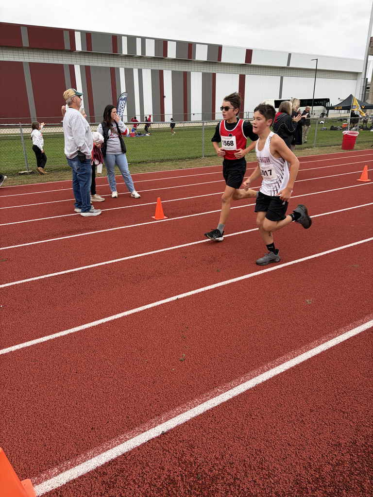Two runners sprint on a track with white lines. Orange cones mark the sides. Spectators watch from behind a fence.