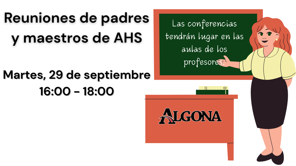 An illustration of a woman standing at a desk with a blackboard. Text in Spanish states, "Reuniones de padres y maestros de AIS".