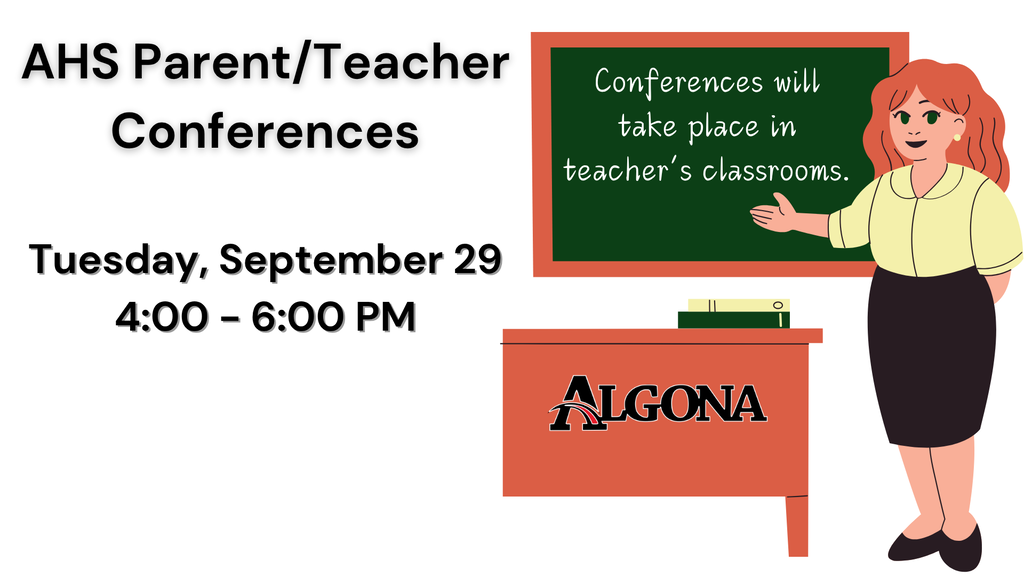 A woman stands by a desk with a chalkboard reading "ALGONA". Conference information is displayed.