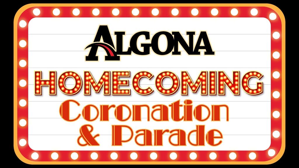 Black banner with orange text. It reads "ALGONA HOMECOMING CORONATION & PARADE" with red lights around the text.