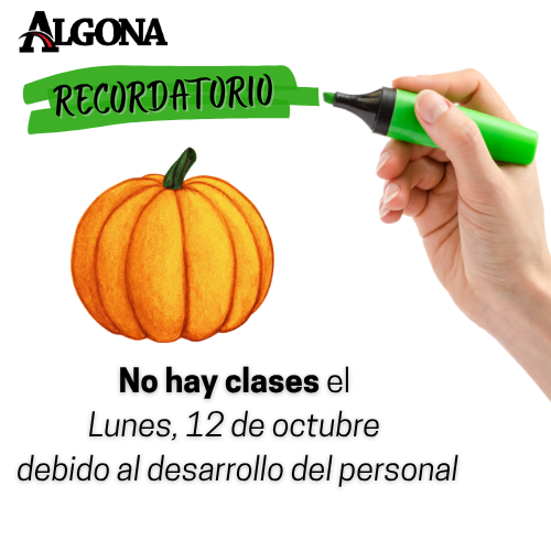 Hand holding a green marker writing "RECORDATORIO" over a pumpkin. Text below: "No hay clases el lunes, 12 de octubre debido al desarrollo del personal."