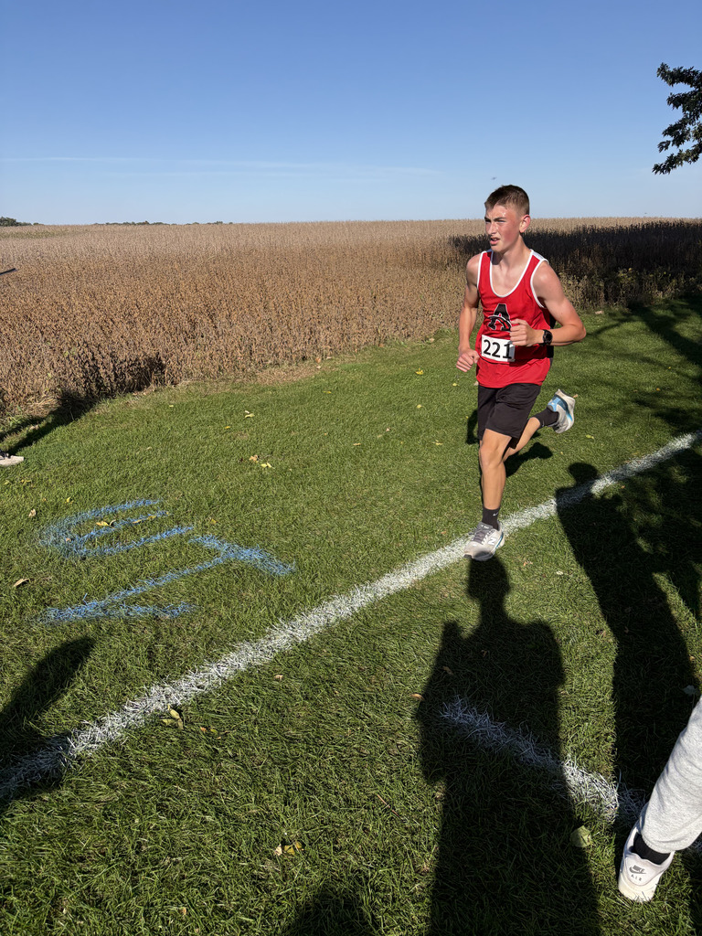 A runner in red and black sportswear sprints across a grassy track with a white line. A shadow is cast on the grass.