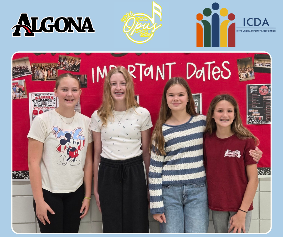 Four girls stand before a red bulletin board with "Important Dates" in white. Logos for Algona, Opus, ICF, and ICDA on blue background.