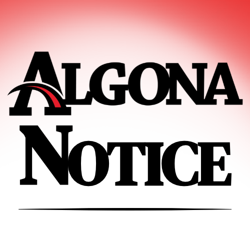 Logo for Algona Notice with a red wave and black letters on a white background.