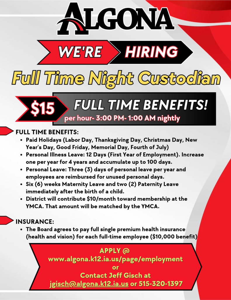 Job posting for Full Time Night Custodian, offering $15/hour, benefits, and insurance. Contact Jeff Gisch.
