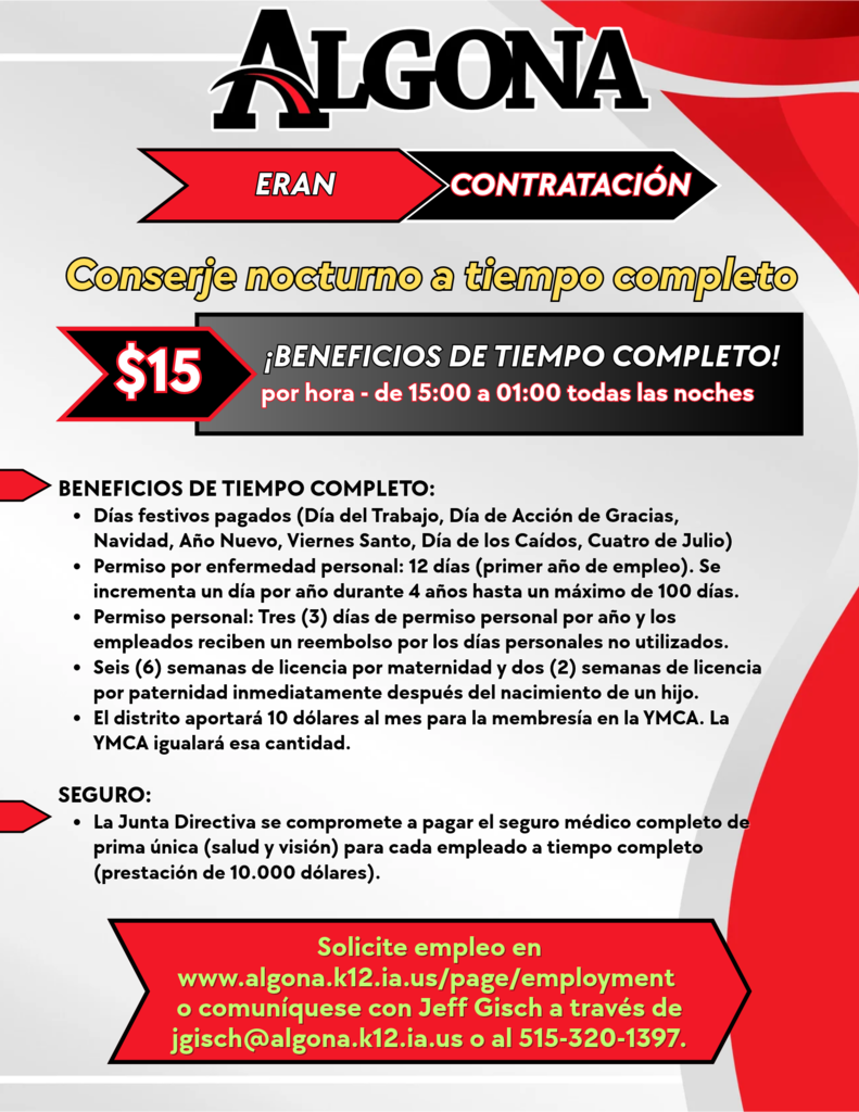 Red and white poster with a banner, black text, and red and white accents. It lists benefits for full-time employees.