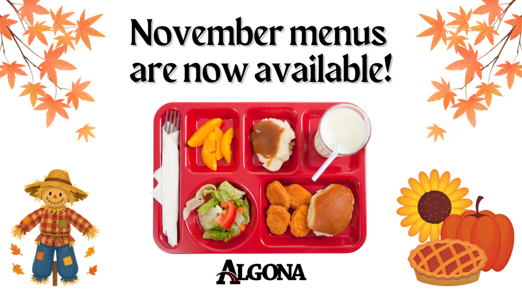 Red tray with a salad, vegetables, bread, and dessert. A cup of milk and utensils. Fall decorations.