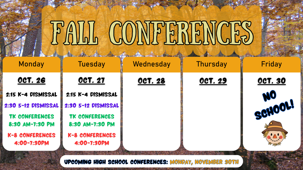 Poster with forest background, text reading "Fall Conferences", and five cards with dates and times.