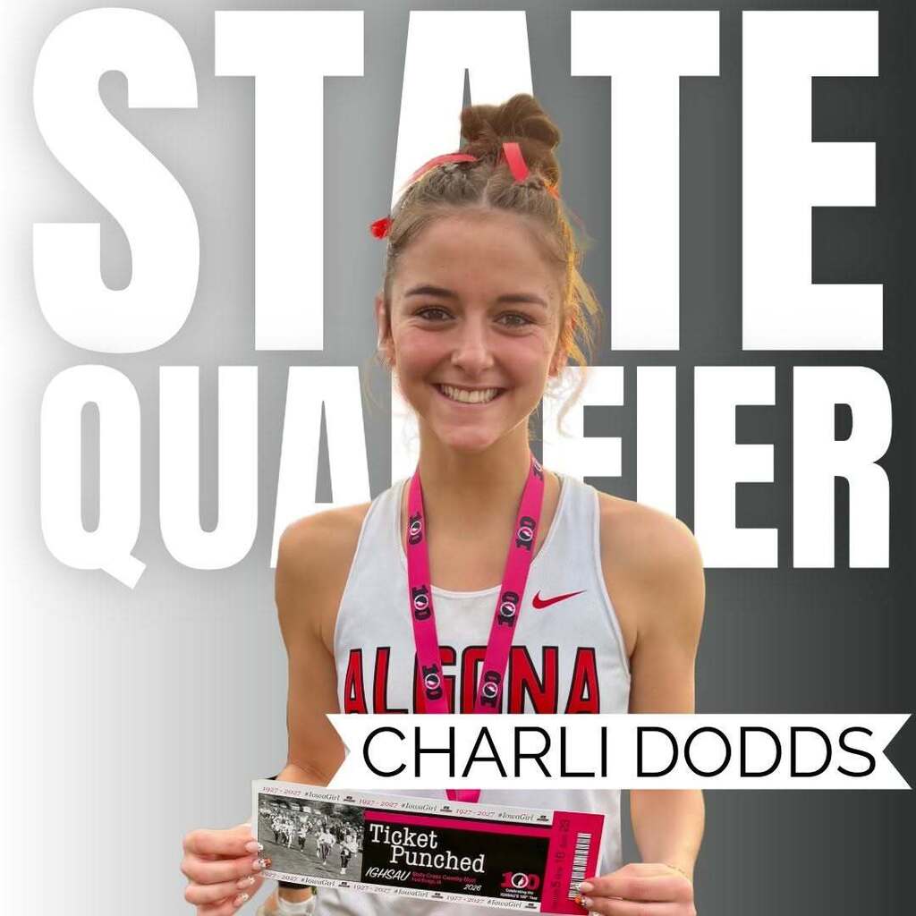 A smiling female student holds a certificate in front of "State Qualifier" text.