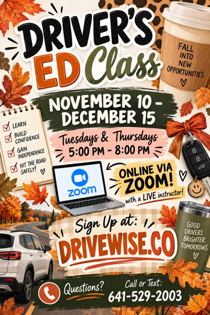 A poster with text and icons about an online driver's ed class. A car, a laptop, a coffee cup, and autumn leaves.